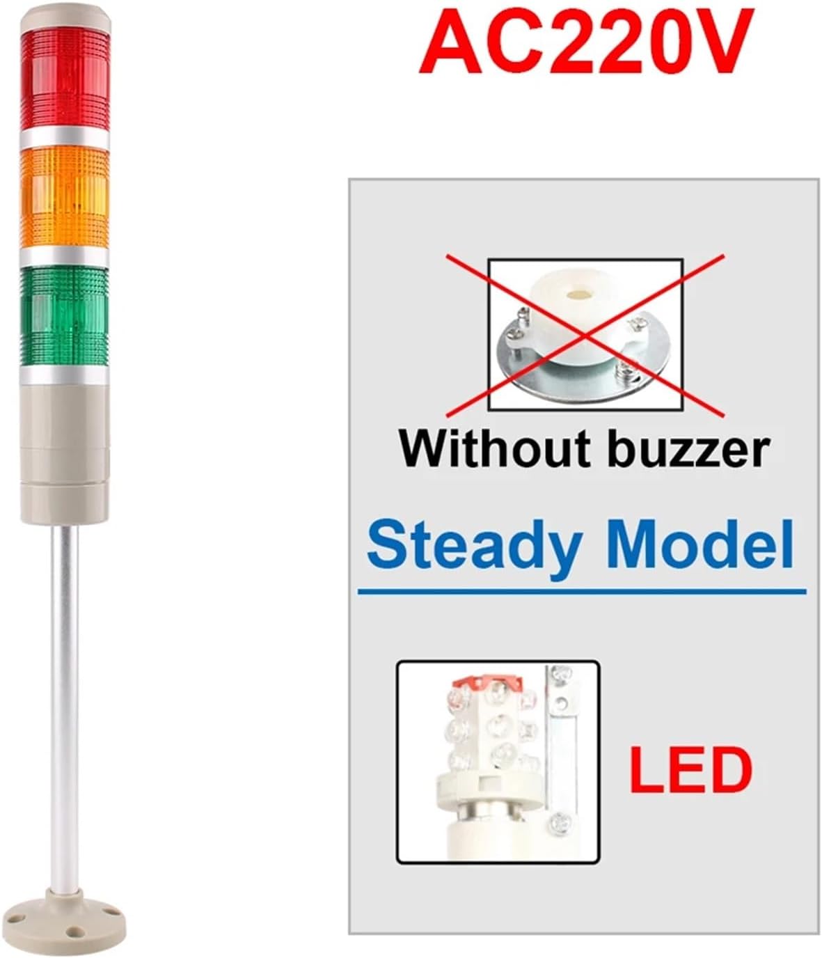 DC 12V 24V 110V 220V Industrial Tower Signal Warning Steady Flash Light LGP-505 LED Indicator lamp with Buzzer(Steady Light 220V)