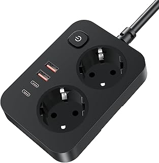 2 Fach Steckdosenleiste mit Schalter, EYMUOBC 6-in-1 Mehrfachsteckdose mit USB-C 20W, Überspannungsschutz mit 2M Verlängerungskabel für Schreibtisch Küche Zuhause und Reisen