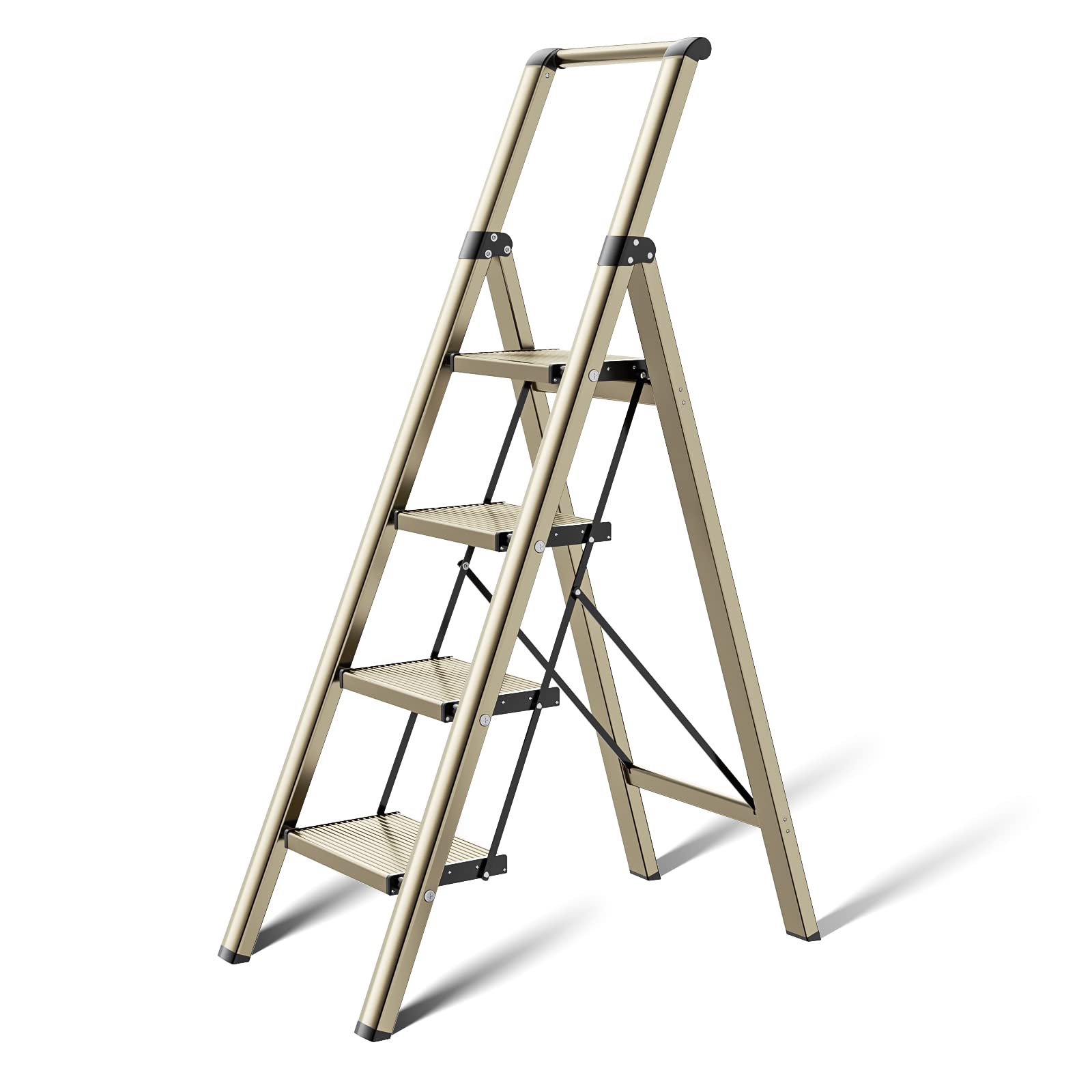 4 Step Ladder,Folding Step Stool with Convenient Handgrip for Home,Office,Kitchen, Aluminum Lightweight Portable Step Stool with Anti-Slip Sturdy Pedal,330 lbs Capacity (Gold)