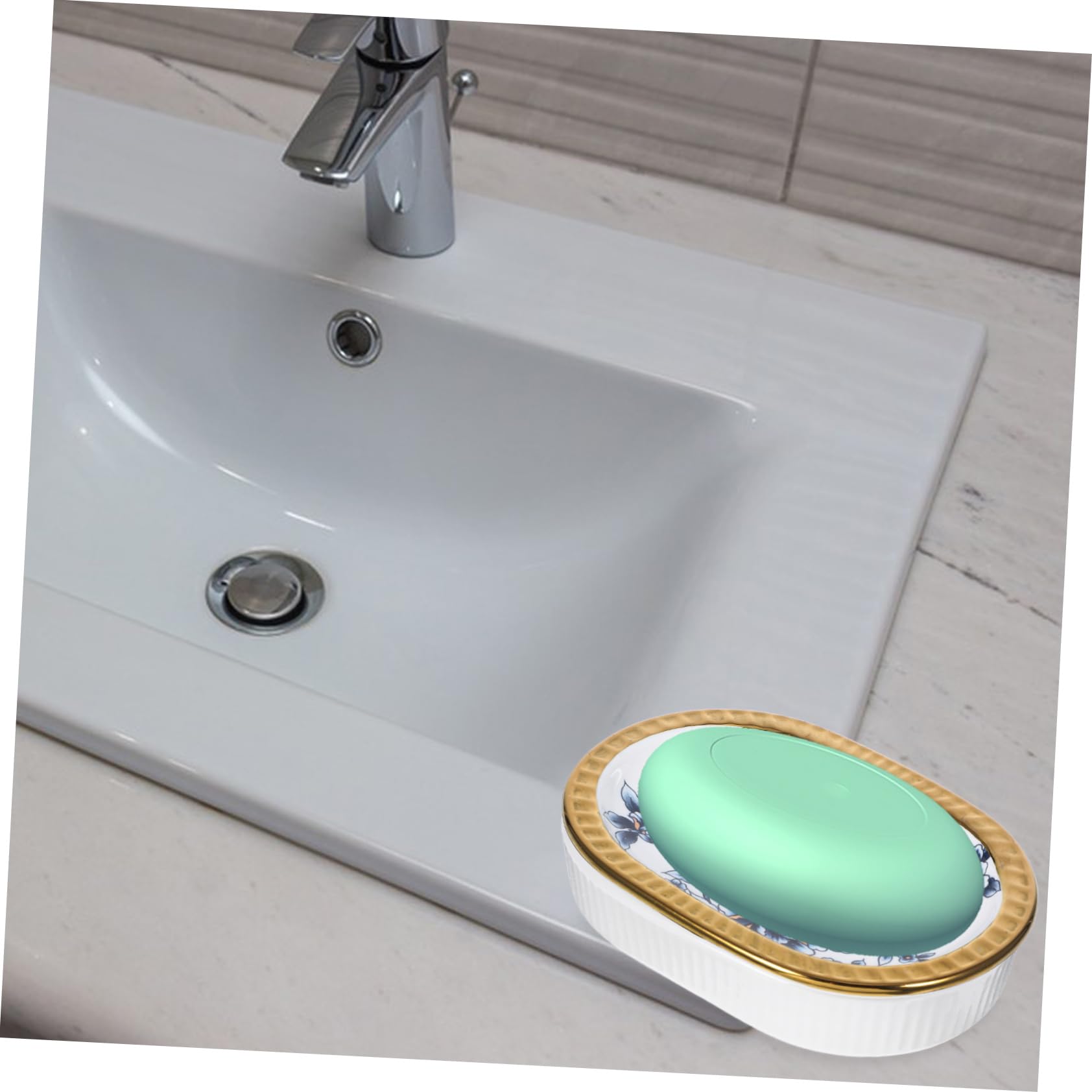 WOONEKY Jabonera de Cerámica Borde Dorado Diseño Simple y Elegante Doble Capa y Drenaje Rápido, Adecuado para Baño y Ducha