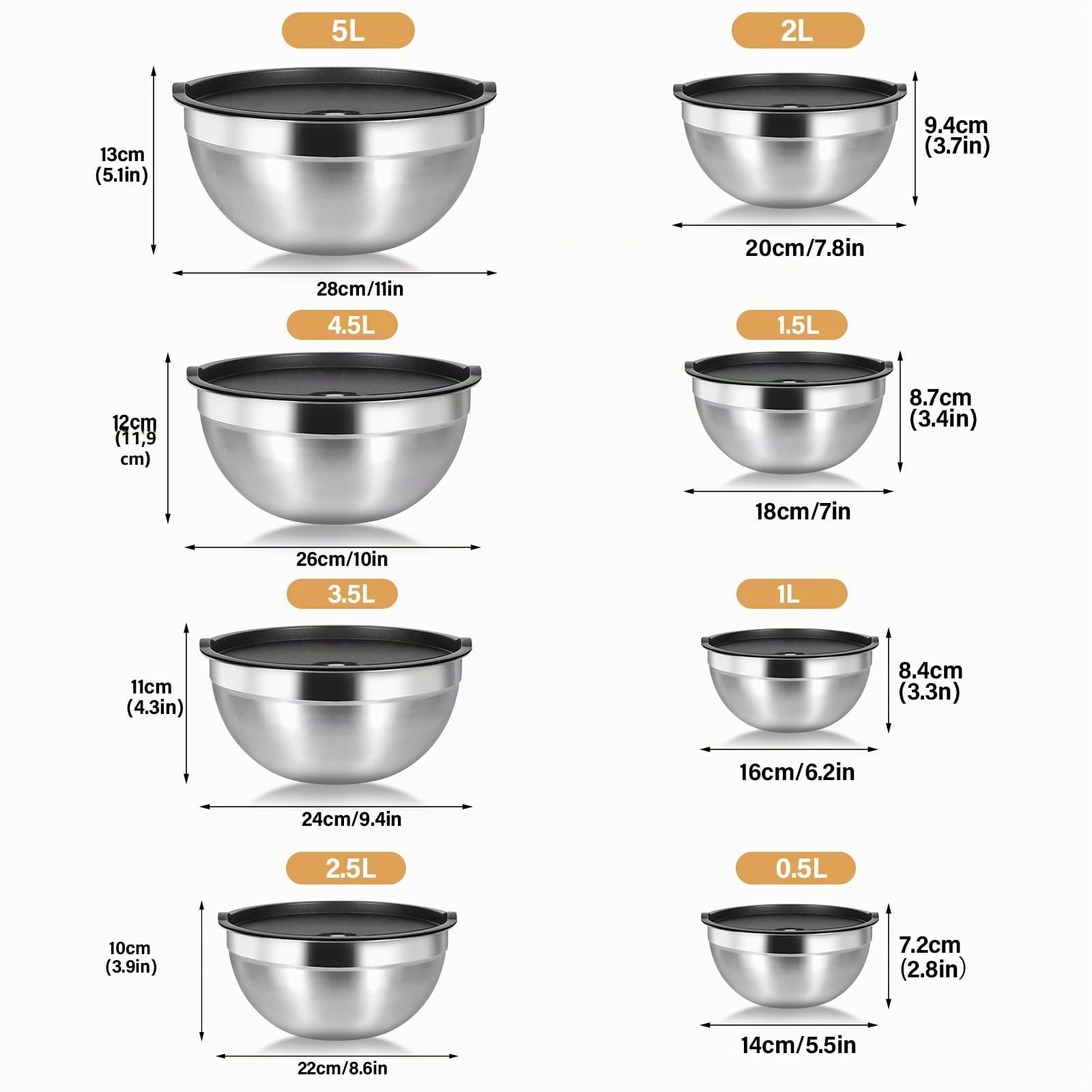 Cinnani 8 Lot de Bol Inox avec Couvercle, Bols mélangeurs, Saladier, Bols de Service, Bol cuisine multifonctionnel