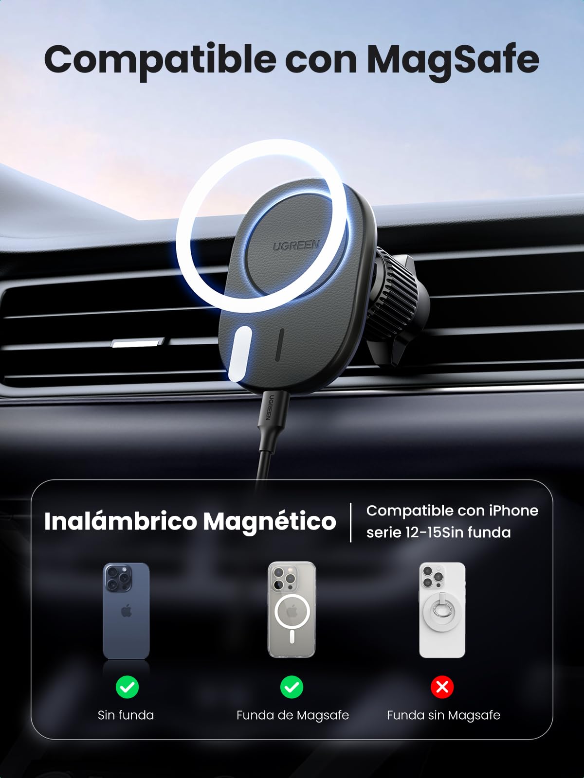 UGREEN Cargador Inalámbrico Magnético, Soporte Móvil para Aire Ventilación Carga Qi 15W, Compatible con iPhone 16 Plus Pro Max/15/14/13/12 Series