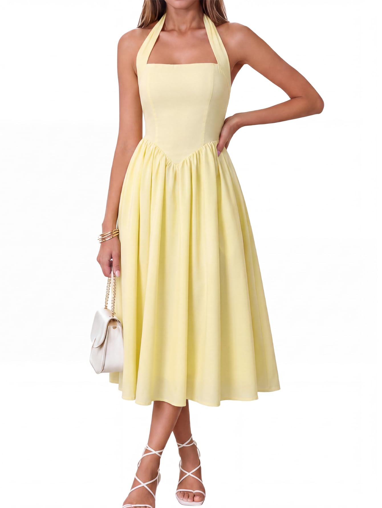 Photo 1 of Parthea Women's Floral Halter Corset Midi Dress 2026 Elegant Smocked Flowy Wedding Guest Dresses with Pockets Yellow