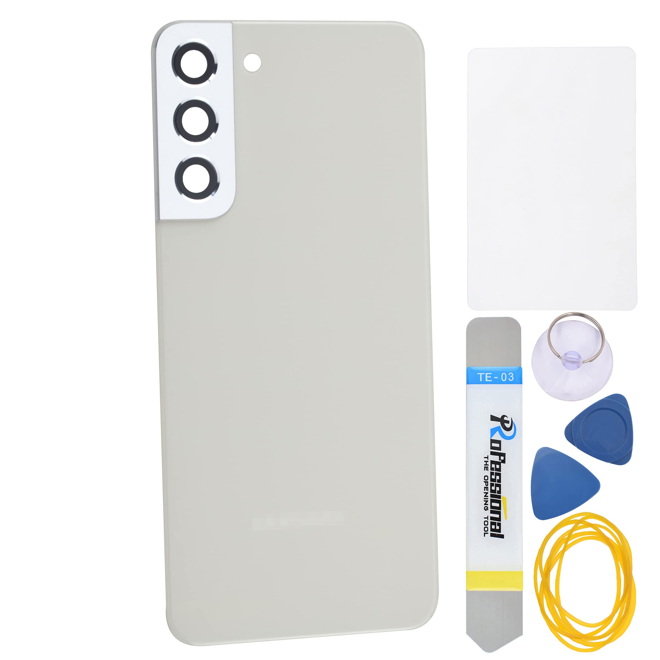 Cream Acrylic Glass Back Panel Cover Replacement for Samsung Galaxy S22 Plus 5G S22+ 5G SM-S906B with Rear Camera's Frame and Glass Cover Pre Cut