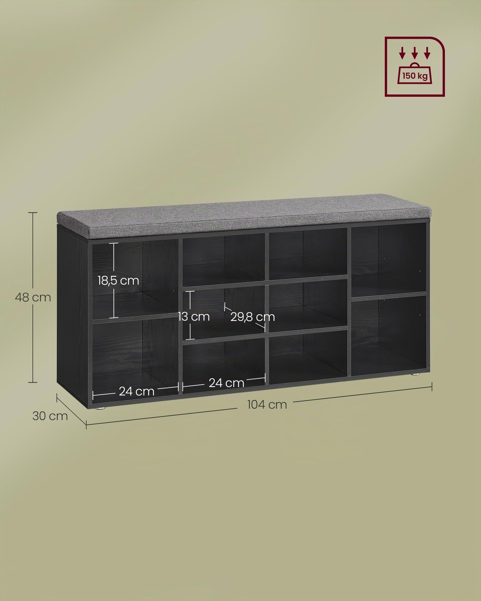 VASAGLE - Banco para Zapatos, Banco de Almacenamiento con cojín Acolchado, 10 Compartimentos, estantes Ajustables, para Sala de Estar, Pasillo, 30 x 104 x 48 cm, Negro leñoso LHS010B07