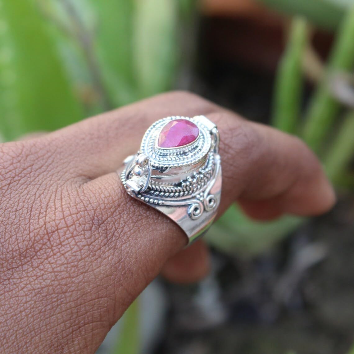 Ruby Ring, Poison Box Ring, Red Stone Ring, Raw Ruby Ring, Pear Stone Ring, Locket Ring, Poison Pill Box, Designer Box Ring, Bohemian Jewelry, Secret Message Ring, Created Ruby Jewelry
