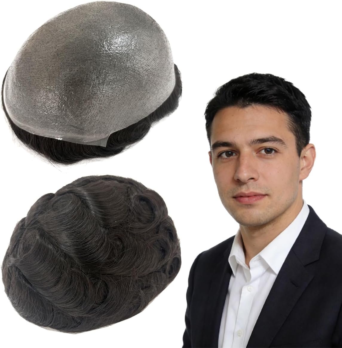 Men‘s Hair System - 0.04-0.06mm Ultra Thin Skin Undetectable Toupee with #1B Natural Black Real Human Hair, 110% Density, 5x7 Inch Breathable PU Base for Men (Invisible Hairpiece UK)
