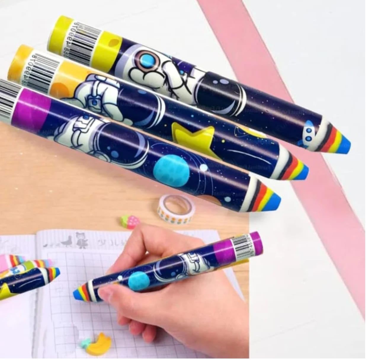 CLICKETY CLACK™ Beautiful Candy Long Eraser Jumbo Pencil Shaped Dust Free Erasers for Girls Boys Adults/School Stationery Gifting idea Best for Return Gift (Pack -4) (Space Boys)