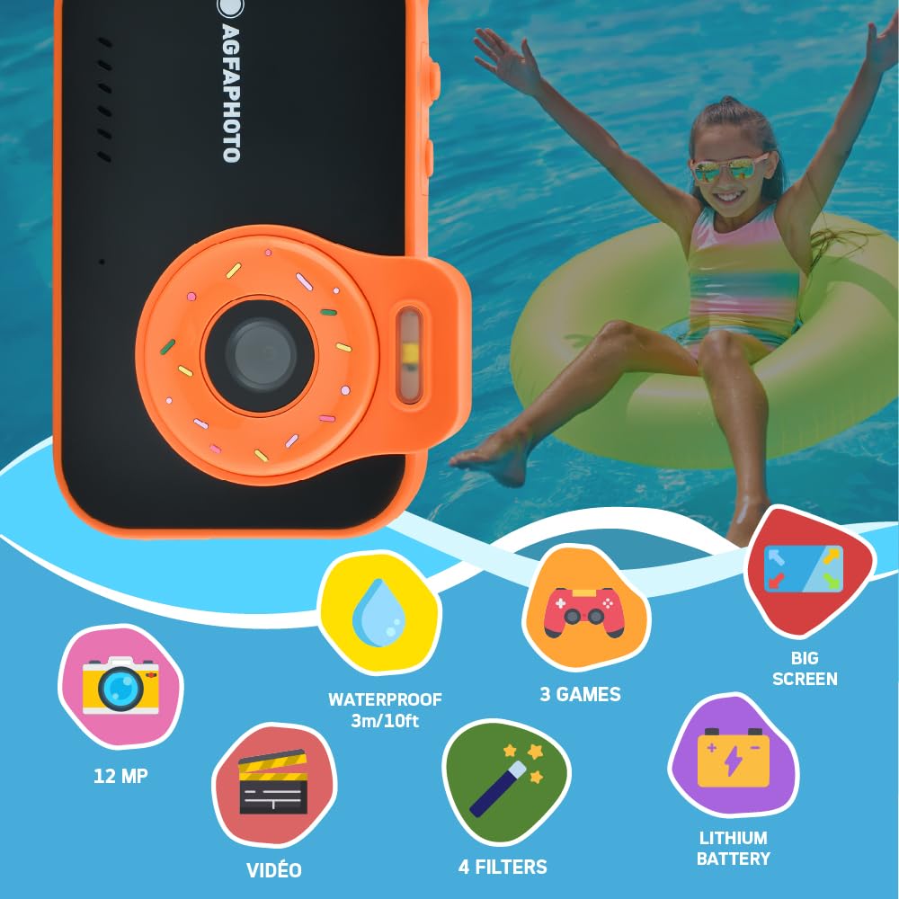 AgfaPhoto Realikids Cam Waterproof 2 - wodoodporny aparat dziecięcy 12 MP, wideo HD, tryb selfie, filtry i ramki, wbudowane gry, czarna bateria litowa
