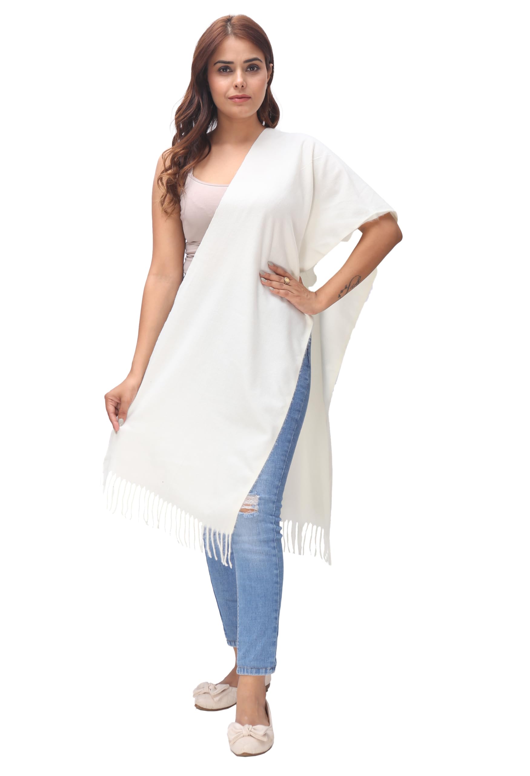 manra Women Girls Ladies Kashmiri Woolen Plain Scarves (Snow White)-picture-41