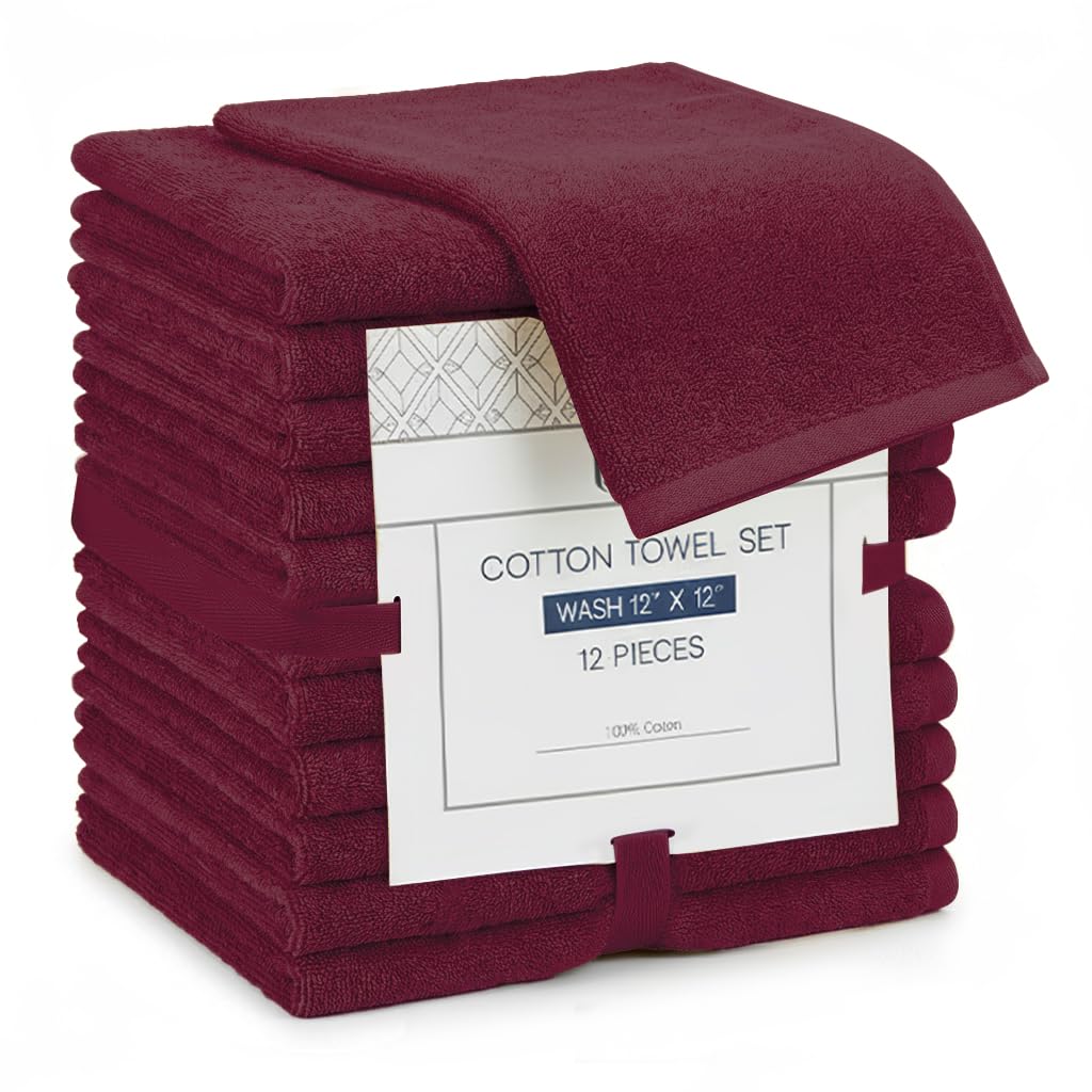 Linteum Textile Supply Premium 12x12 Washcloth (Burgundy) – 100% Cotton Zero Twist Towels | Absorbent, Quick Dry, Durable for Bathroom, Spa, Gym (12 Pack)