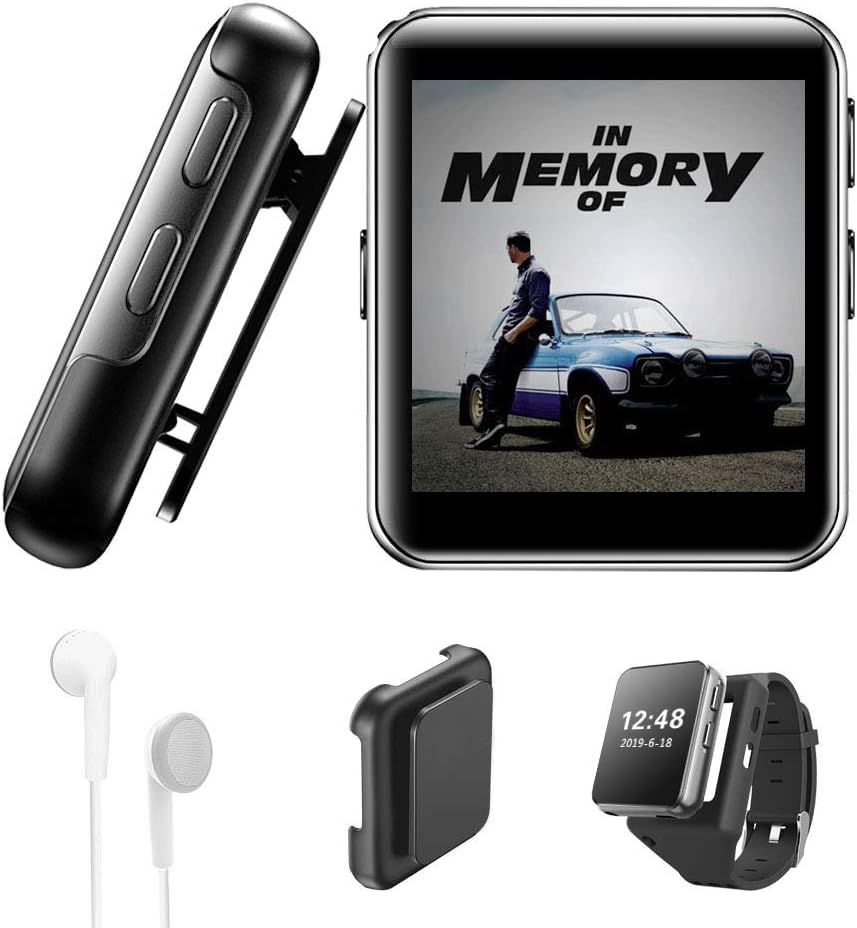 16GB Clip MP3 Player with Bluetooth, Sports Watch MP3 Player with Touch Screen, Mini MP3 Player with Headphones,Voice Recorder,E-Book,HiFi Lossless Sound Music Player for Running, 1.5 Inch，Black