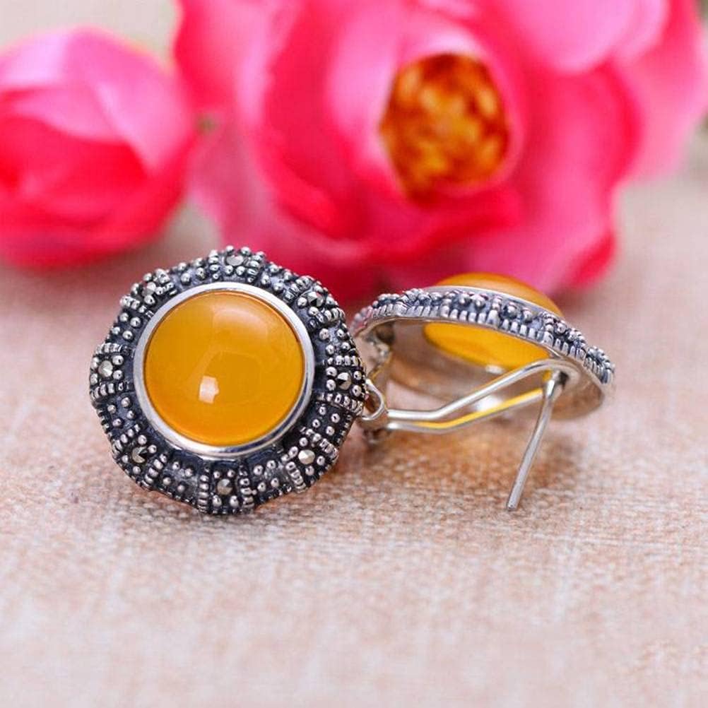 Ear925 Sterling Silver Jewelry Vintage Thai Silver Ear Stud Earclassical Female Ear Buckle/Yellow Chalcedony