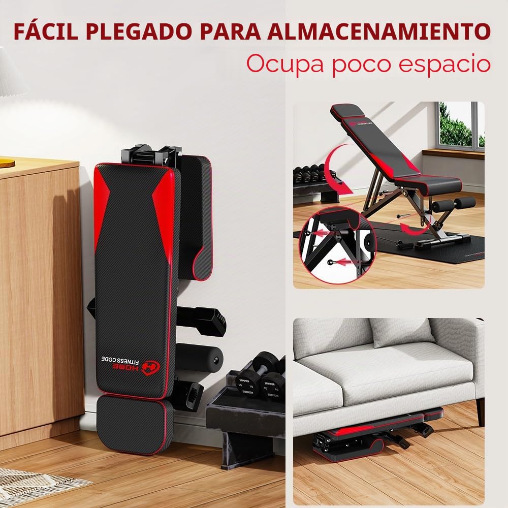 Banco de peso ajustable plegable con bandas de resistencia, capacidad de 300KG/660lbs, respaldo de 8 posiciones y marco de acero de aleación de plegado rápido para gimnasio en casa