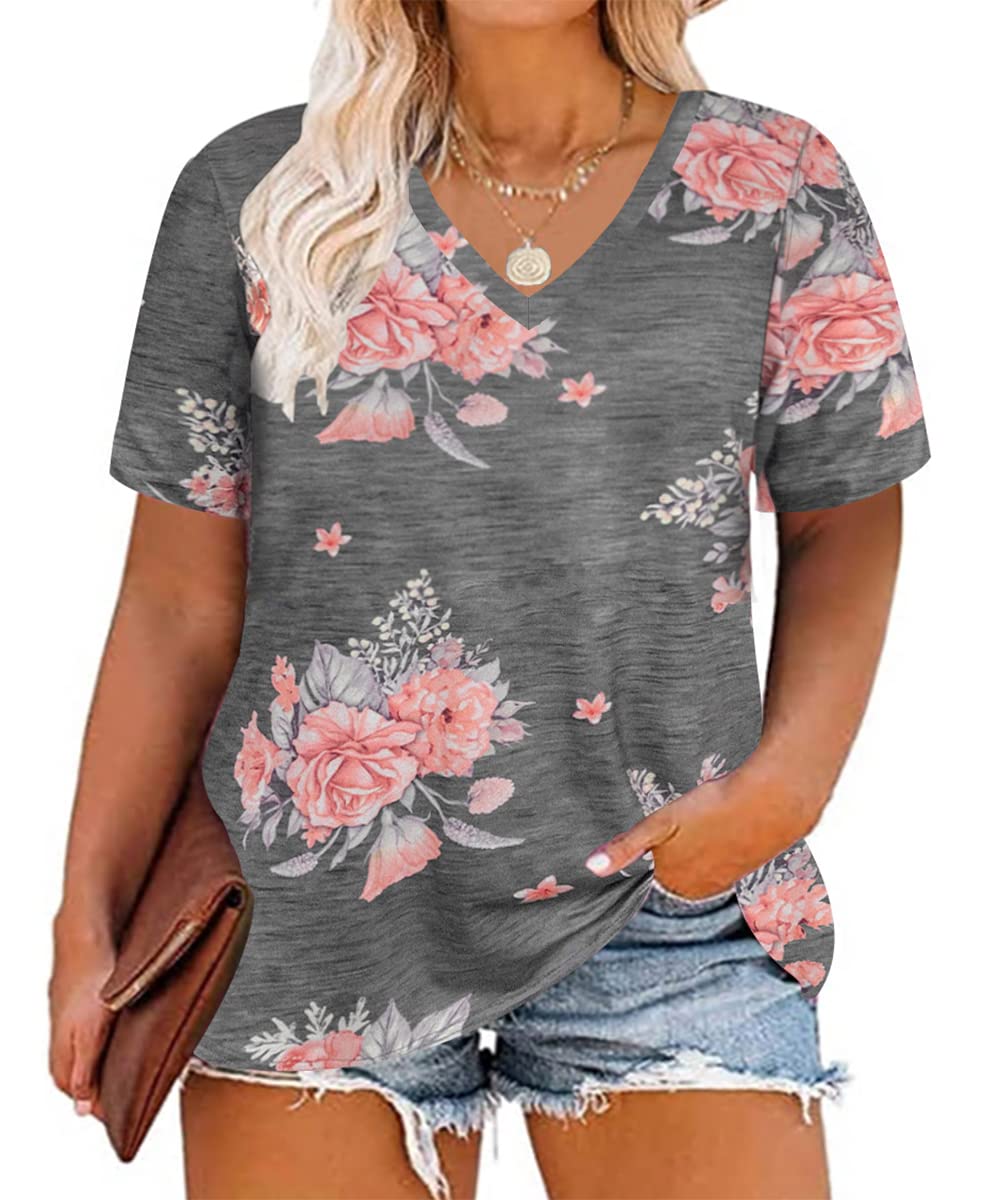 CARCOSWomens Plus Size Tops Short Sleeve Shirts V Neck Tunic Floral/Aniaml Blouses XL-5X