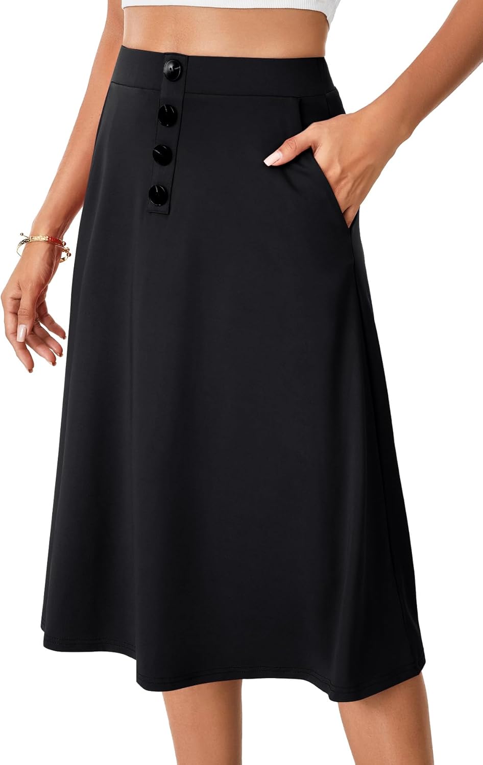 LYANER Women's High Waist A Line Button Front Flared Midi Skirts with Pocket Black Medium - Image 3