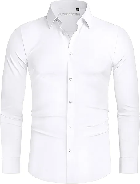 Alimens & Gentle Stretch Mens Dress Shirts Slim Fit Long Sleeve Casual Skinny Muscle Fit Wrinkle Free Button Down Shirt
