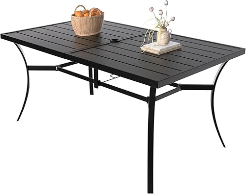 Miniatura 8 de Estante de malla con agujero para sombrilla de comedor, resistente a la intemperie, para uso al aire libre, mesa de metal rectangular para patio, 60