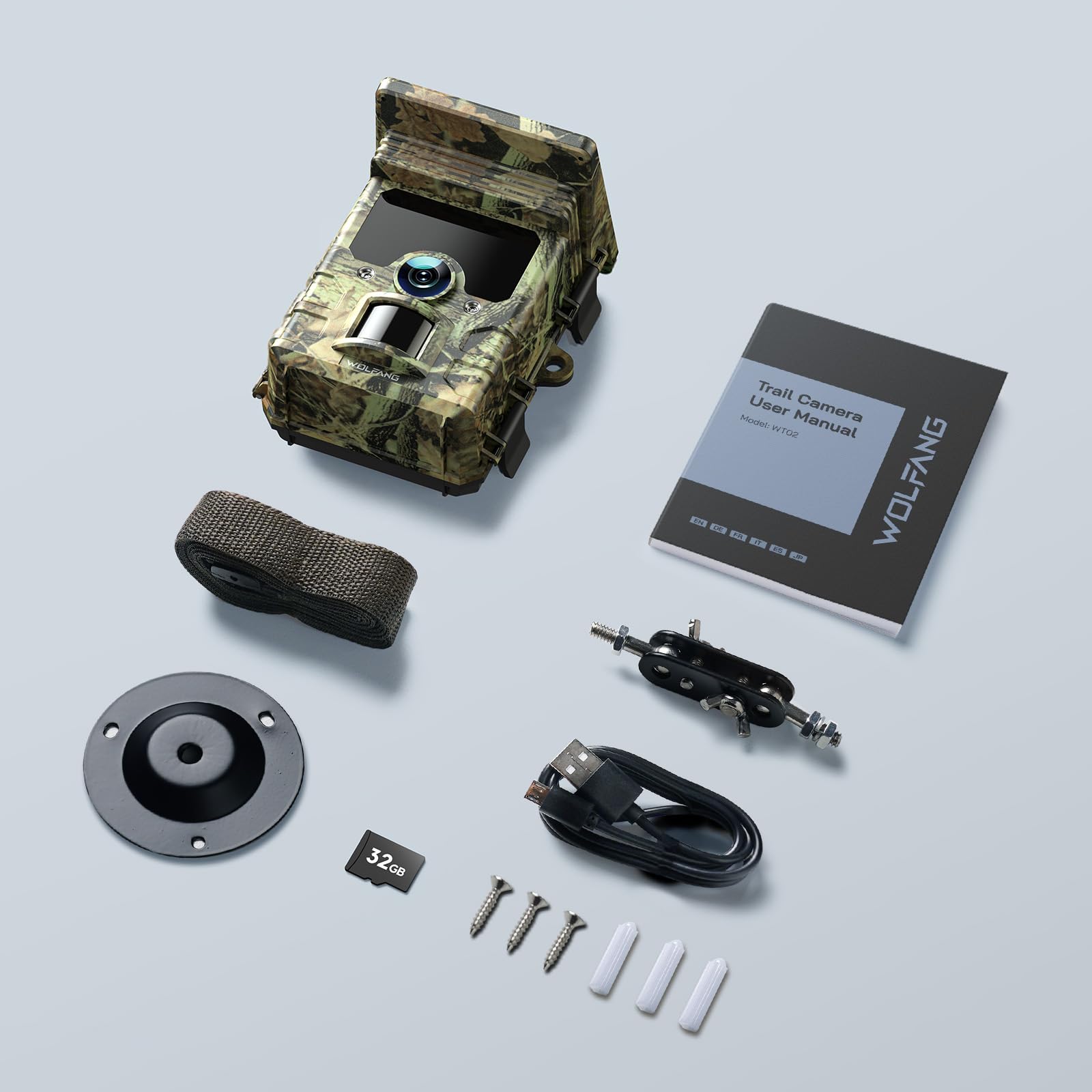 WOLFANG Fototrappola Solare 4K 30Fps, Wifi Bluetooth Fotocamera Caccia con Visione Notturna, Grandangolare 120 ° Fototrappole con Tempo di Scatto 0,1s, IP66 Impermeabile, Micro SD da 32 GB