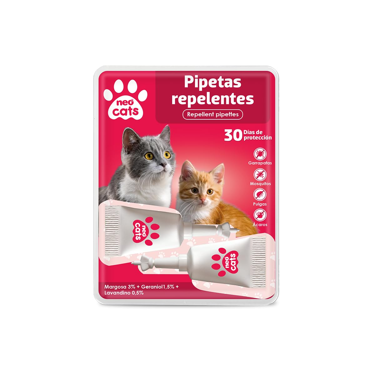 NEO CATS - Pipetas Repelente Anti-insectos para Gatos - Contra Pulgas, Garrapatas y Mosquitos - 30 días de Protección - Con Margosa, Geraniol y Lavandino - Olor Herbal - 2 unidades