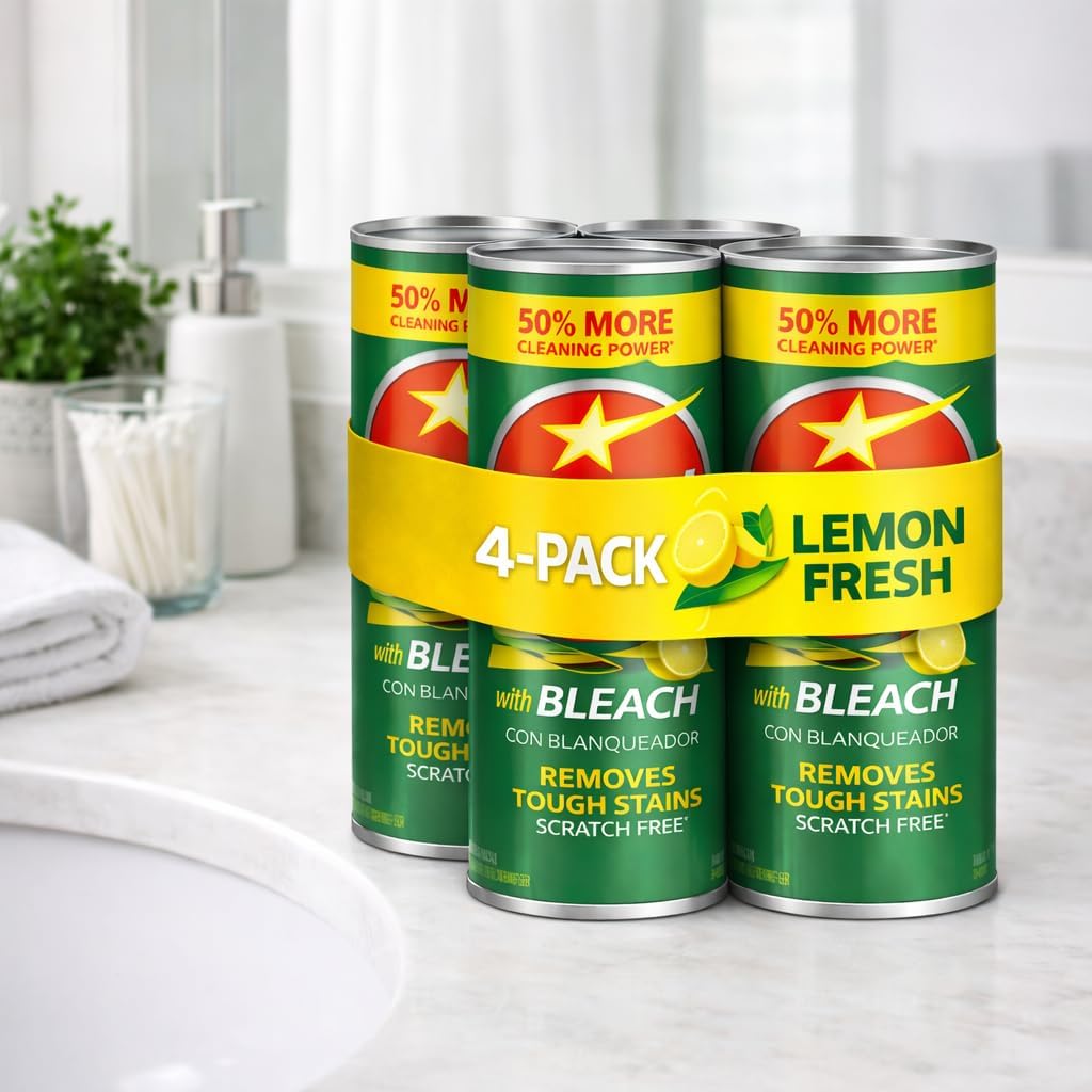 Lemon Fresh Bleach Cleanser Powder, 4-Pack, 50% More Cleaning Power, Scratch-Free Formula, Removes Tough Stains for Kitchen, Bathroom, Sink, Tub & Tile