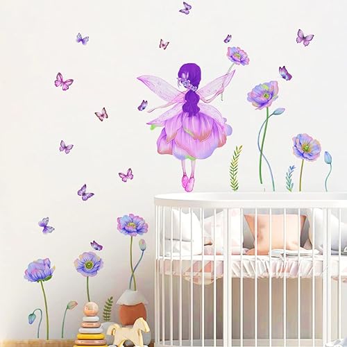 Miniatura 11 de Adhesivo decorativo para pared, diseño de luna morada, flores, mariposa, nubes, para decoración de dormitorio, sala de estar