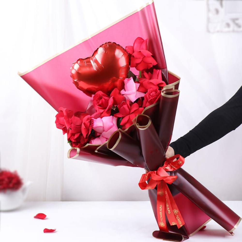 FlowerAura Premium Fresh Live Flower Bouquet of 8 Pink & Red Roses With 1 Balloon In Designer Paper Gift For Birthday | Anniversary | Love | Home Decor | Mothers Day Gift For Mom (Same Day Delivery)-image-44