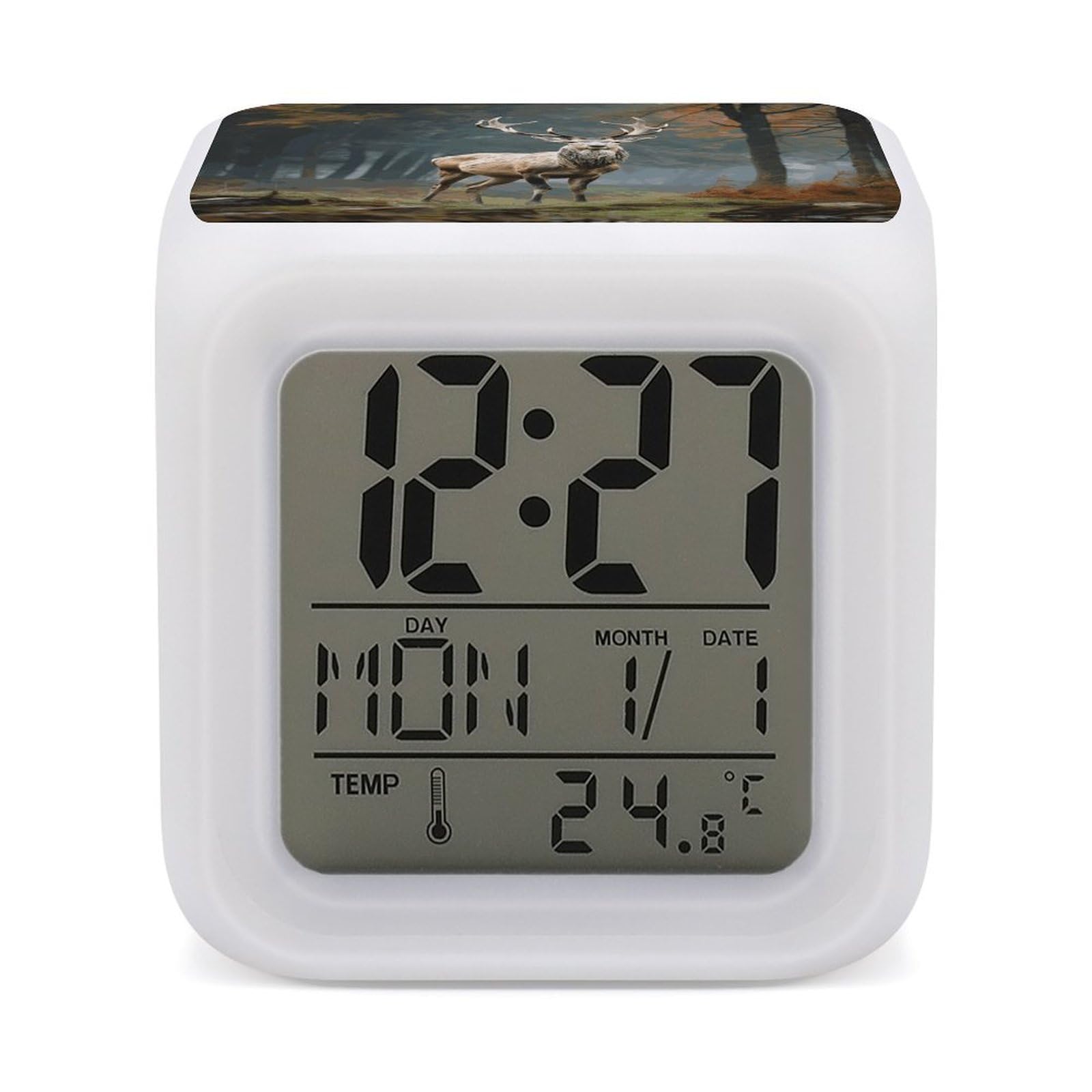 JTREHY Deer Animals Alarm Clock Digital Dimmable Clock for Bedroom LED Display Screen Mini Clocks 7 Color Dimmable Night Lights Time-to-Rise Alarm Clocks for Office Living Room