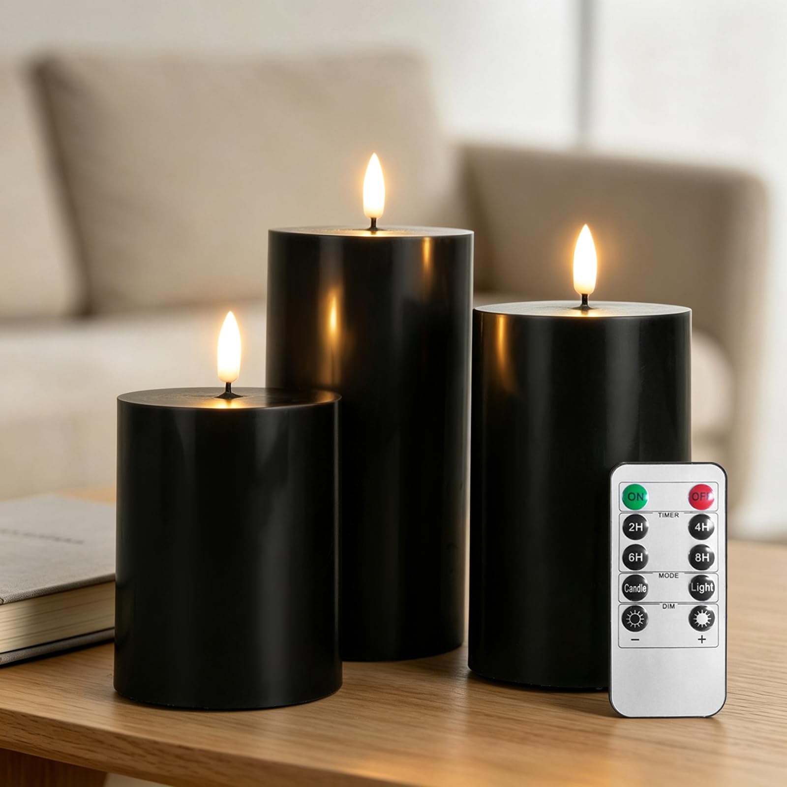 RosMank 3 Set LED Candles, Indoor & Outdoor Candles with 10-Key Remote Timer Control, Flameless, with Flickering Flame, Smooth Real Wax, Decoration for Christmas, Birthday, Wedding, Party, Black