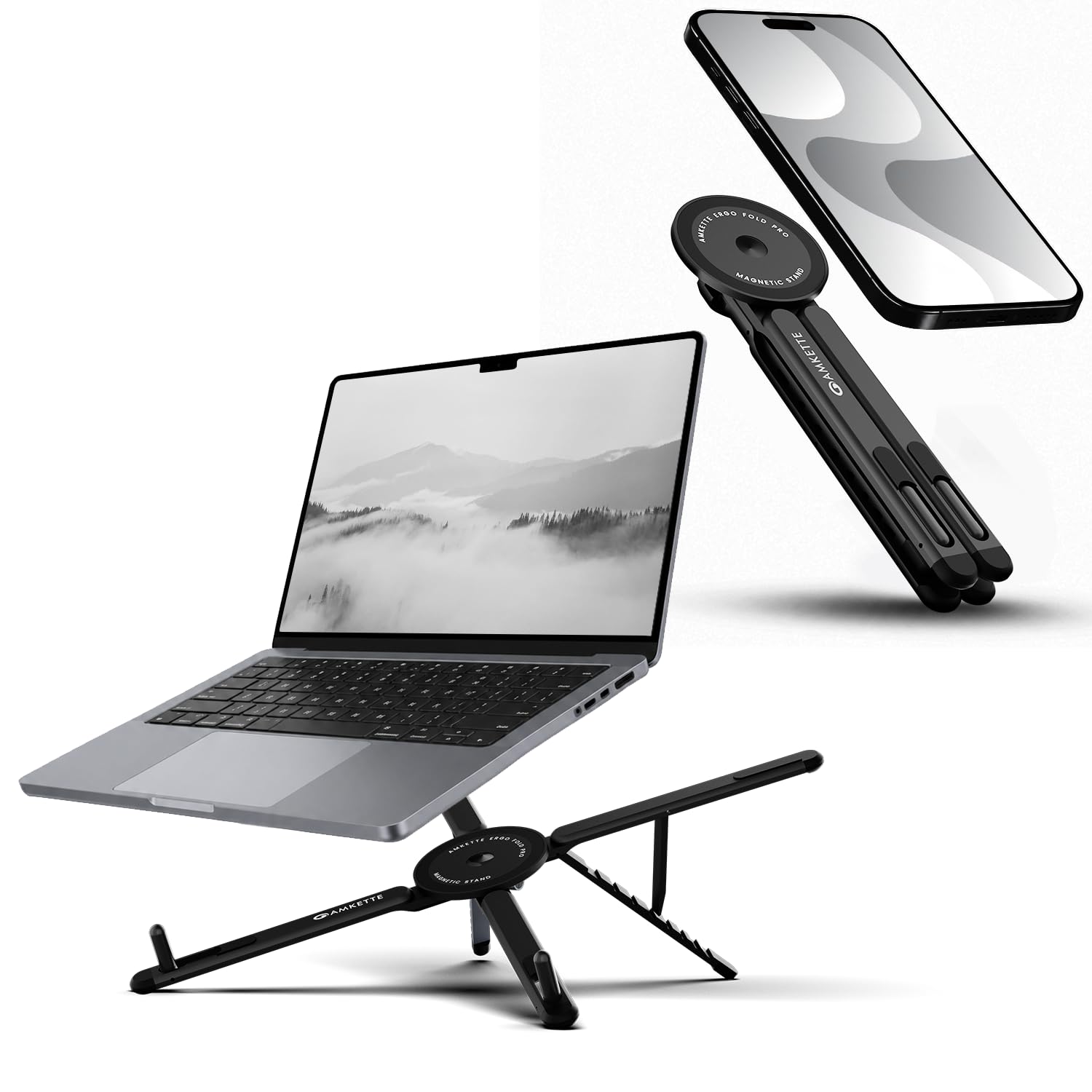 Amkette Ergo Fold Pro 4 in 1 Laptop Stand Metal for Phone, Tablet & Laptop, 8 Level Foldable Aluminium Laptop Stand with MagSafe Mount, 180° Rotating Design, Adjustable Viewing, Anti Slip Grip Black-image-33