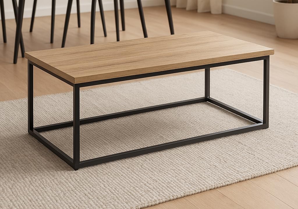 Mesa de Centro Negra Rectangular con Estructura Metálica – 100x50x40 cm – Tapa de Melamina de 30 mm – Diseño Moderno e Industrial para Salón