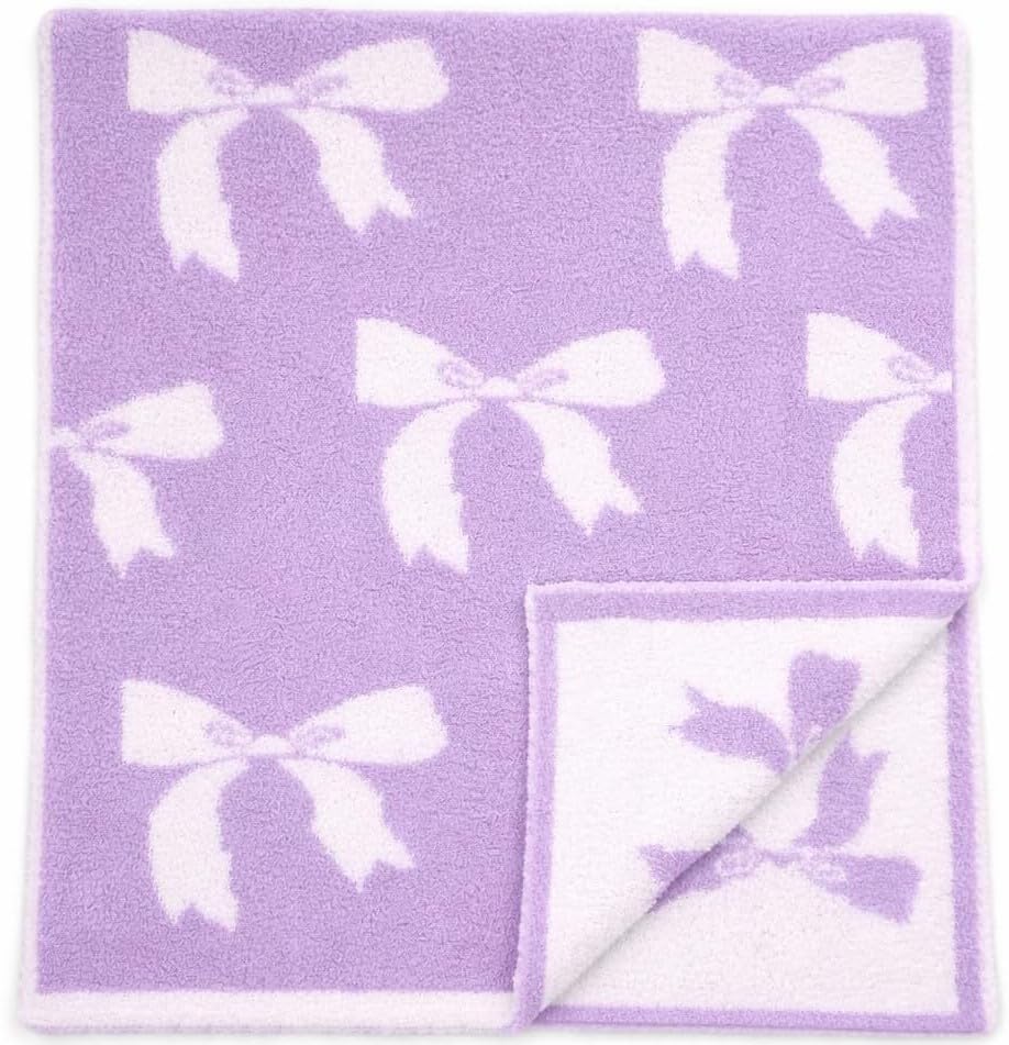 Image of L+L USA DreamSoft Bow Baby Blanket for Girls - Soft Knit Stroller, Crib & Car Seat Blanket - Cozy Neutral Nursery Throw for Newborns, Infants & Toddlers - White /Lavender