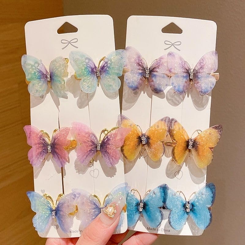 NEOBABY 3D Looks Colorful Organza Butterfly Hair Clips | Glitter Hair Accessories | Moving Butterfly | Hair Clamps Hair Barrettes Strong Hold Hair Pins (Assorted, Pack of 6)