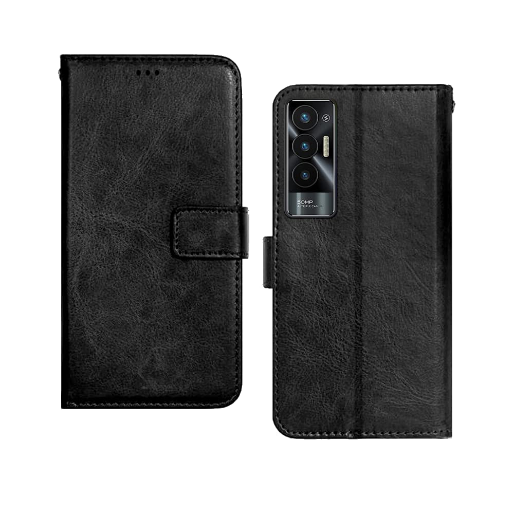 COVERBLACK Leather Finish Inside TPU Back Case Wallet Stand Magnetic Closure Flip Cover for Tecno POVA 5G - Venom Black