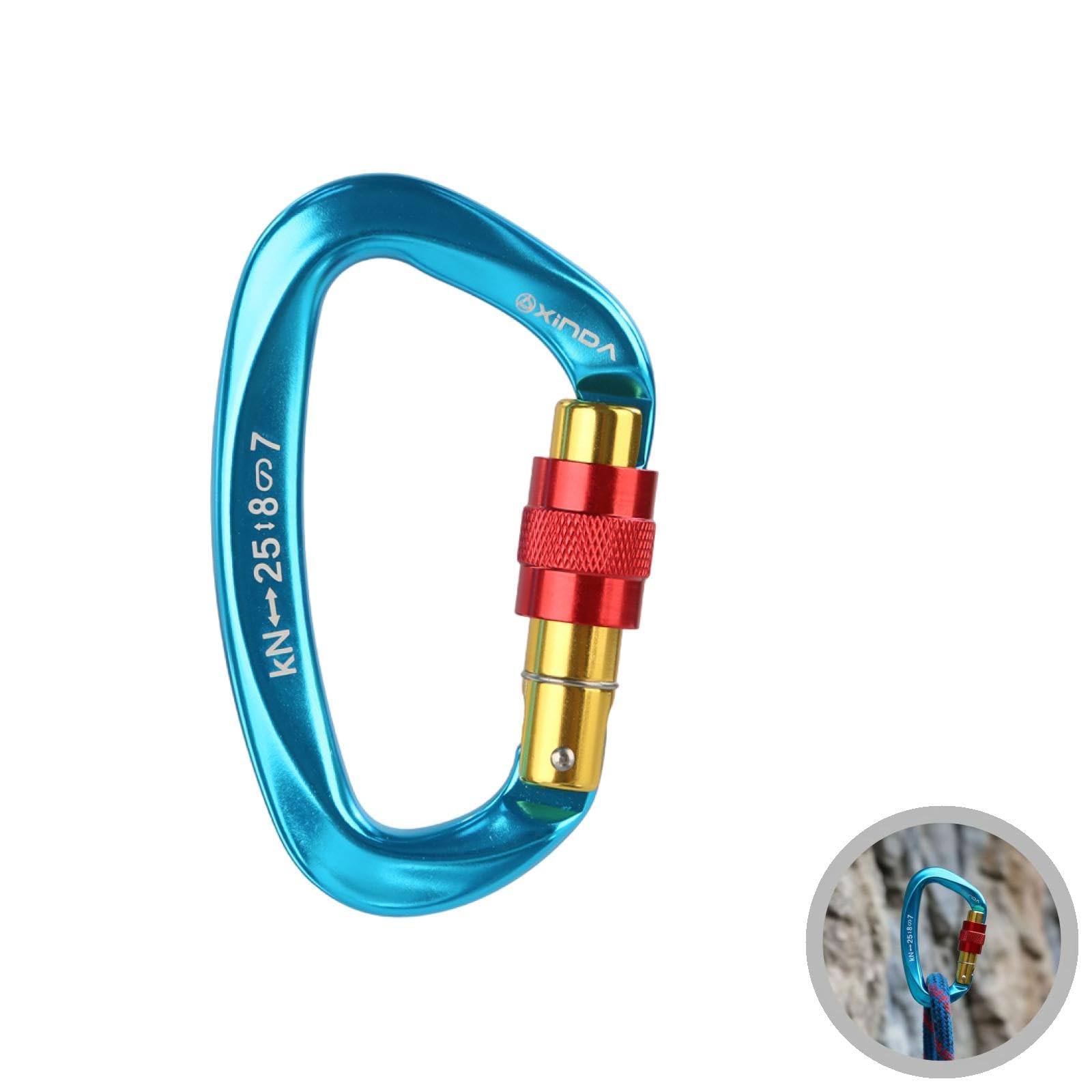 5 STK. Karabinerhaken mit sicherem Schraubverschluss, 25 kN Kletterkarabiner aus Aluminiumlegierung, D-Form, UIAA und CE geprüft, für Klettern, Wandern, Abseilen, blau, 10 x 5,6 x 1 cm