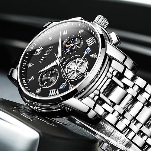Miniatura 8 de OLEVS Reloj de esqueleto para hombre, de acero inoxidable, analógico, de cuarzo, fase lunar, reloj cronógrafo de diamantes con múltiples