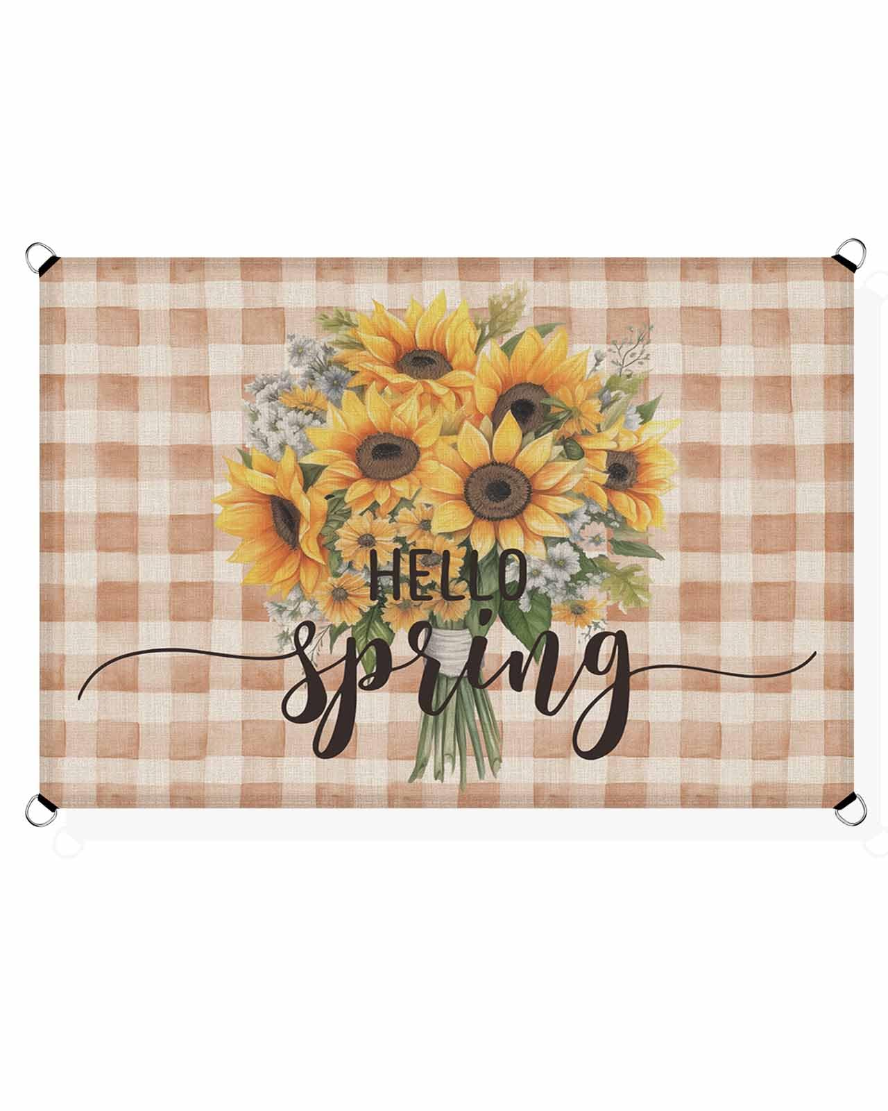 Boanket Sun Shade Sail 14' x 18', Sunflower Large Heavy Duty Outdoor Shades Sun Screen, Brown Plaid Spring Floral Summer Botanical Shade Cloth for Patio Deck Terrace Garden Lawns Beach Backyard