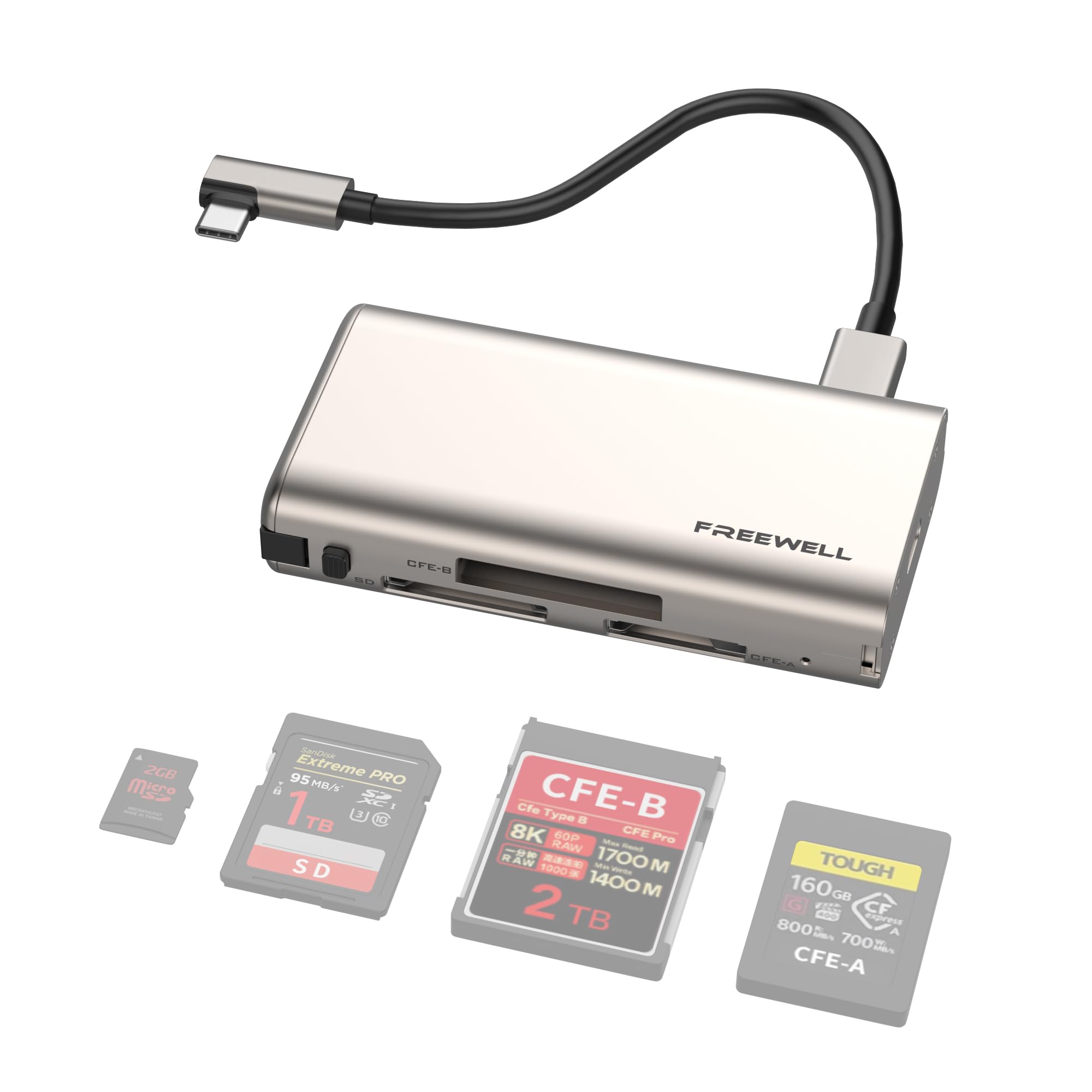 Freewell Pro Card Reader Plus-Soporta SD,CF-Express Tipo A/B, XQD hasta 4TB | disipación de calor pasiva, velocidad de hasta 10 Gbps, oro champán