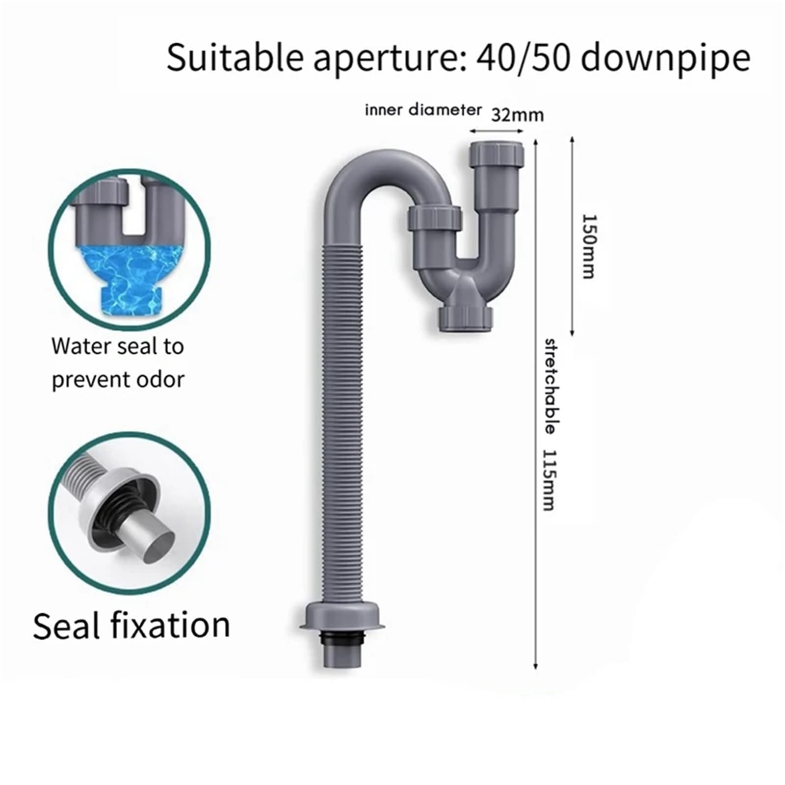 1/4 Zoll Abflussrohr-Set for Küchenspüle mit Reinigungsstopfen, geruchshemmend, flexibles U-förmiges Abflussrohr, Rückflussverhinderung