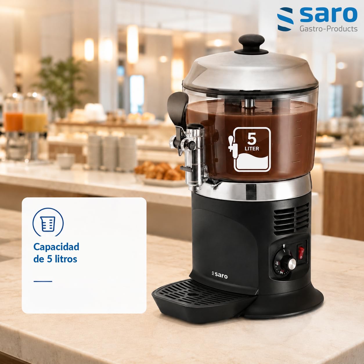 SARO NINA Dispensador de cacao, 5 l, agitador, temperatura regulable, 260 x 320 x 500 mm (A x L x H), 30-90 °C, grifo y recipiente extraíbles, 230 V, 1,1 kW