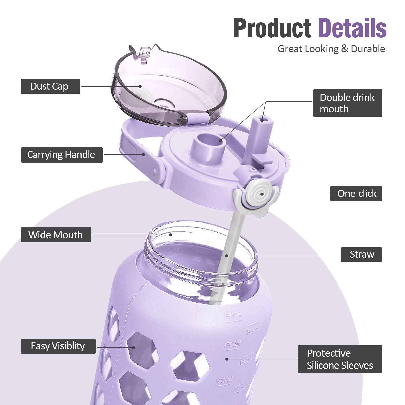 MUKOKO Half Gallon/64 oz Glass Water Bottles with Straw and Lid,Motivational Water Jug with Time Marker Reminder and Silicone Sleeve,100% Leakproof BPA Free Fitness Sports Large Bottle-Purple