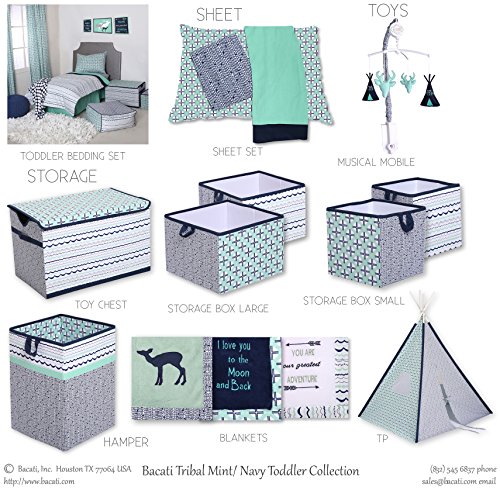 Bacati - Tribal/Aztec Plush Embroidered 30 X 40 Inches Baby Blanket (Mint/Navy Love You To The Moon & Back) #TOP3