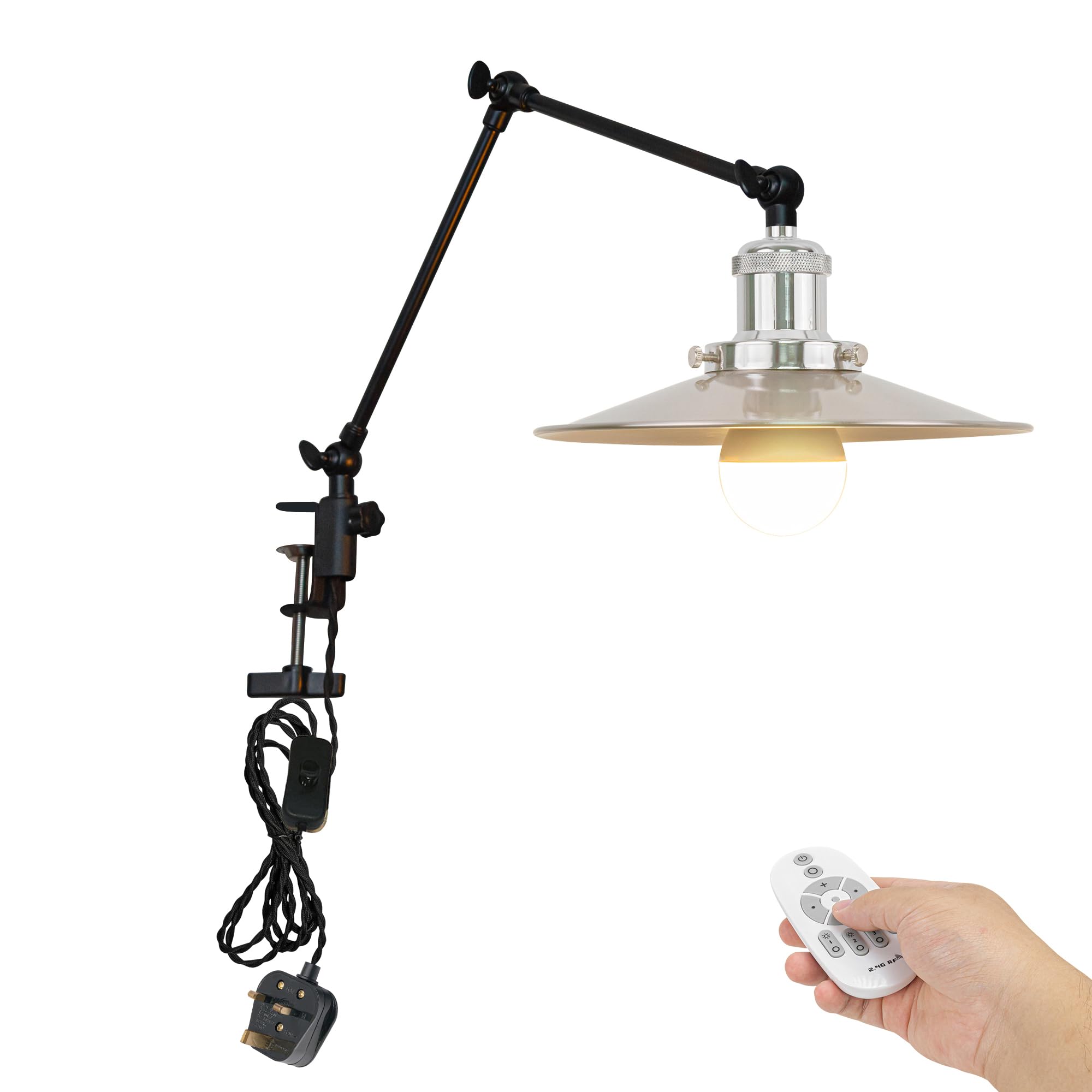 FSLiving Dimmable Desk Lamp Clamp, Desk Lamp Clip Light with Flexible Swing Arm and Remote Control,Decorative Iron Clamp Lamp Adjustable for Study Office Reading with Sand Nickel Lampshade