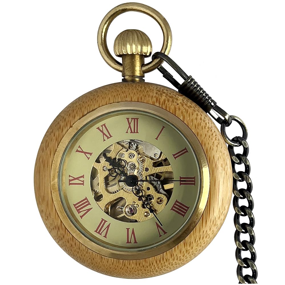 Vintage Men's Pocket Watches for Men, Mens Mechanical Pocket Watch with Chain Manual Wind Up Watch for Women Wood Watches for Men Dad Mum-image-22