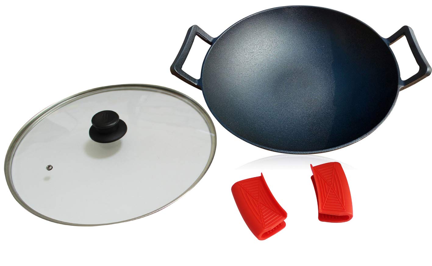14Inch Cast Iron Wok Set (PreSeasoned), Glass Lid & Silicone Hot