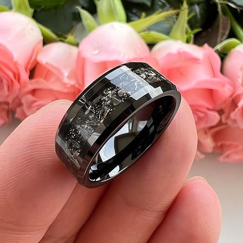 Miniatura 4 de Anillos de 6mm y 8mm de tungsteno plateadonegro para hombres y mujeres, con incrustaciones de virutas de meteorito, anillos de compromiso y