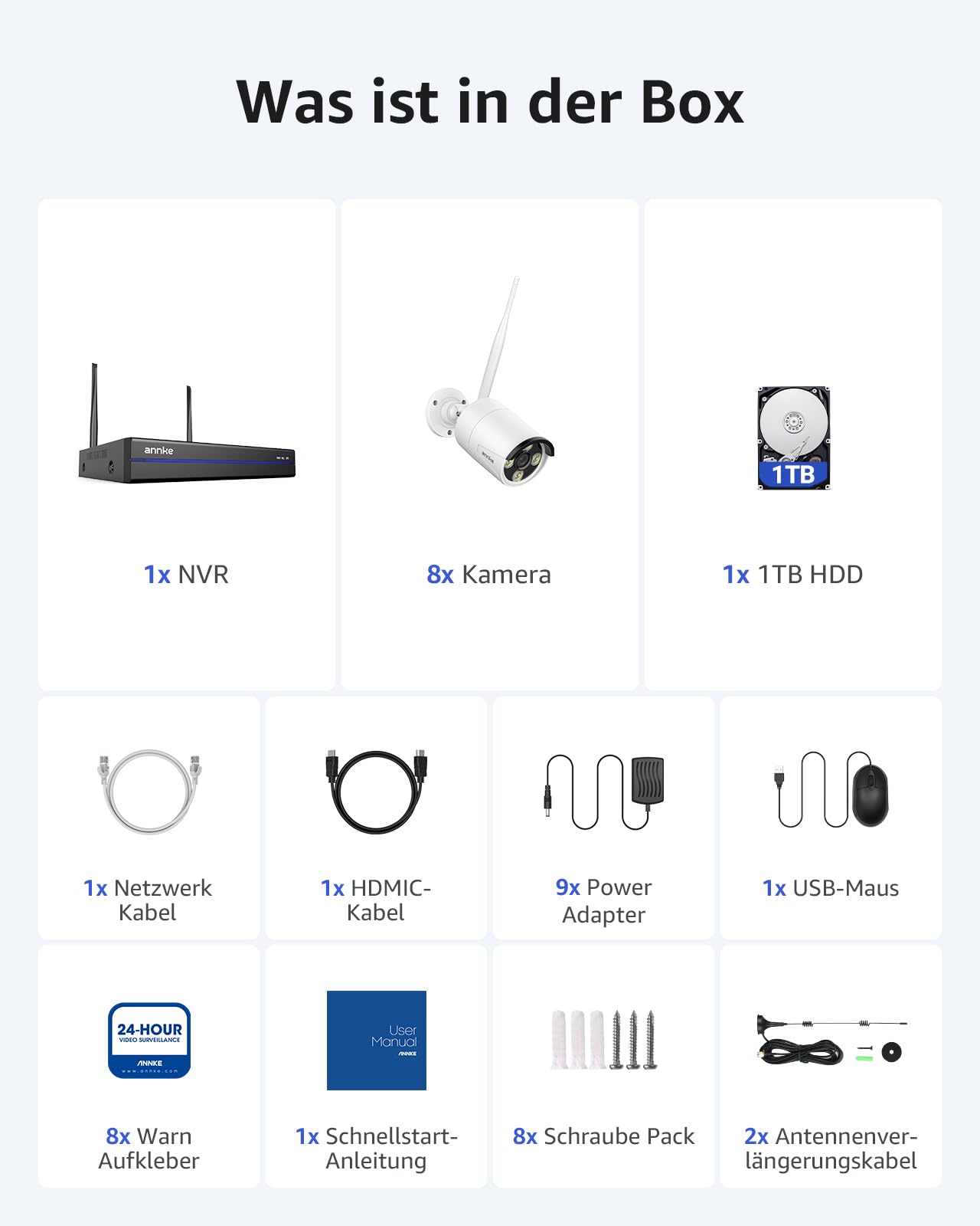 ANNKE 2K WLAN Überwachungskamera Set Aussen, 8X 2K WiFi Kamera, 16CH 4K NVR mit 1TB HDD, Vollmetallmaterial, 5GHz/2,4GHz Wi-Fi, Farbnachtsicht, Personenerkennung, 2-Wege-Audio, 24/7 Aufzeichnun, IP67