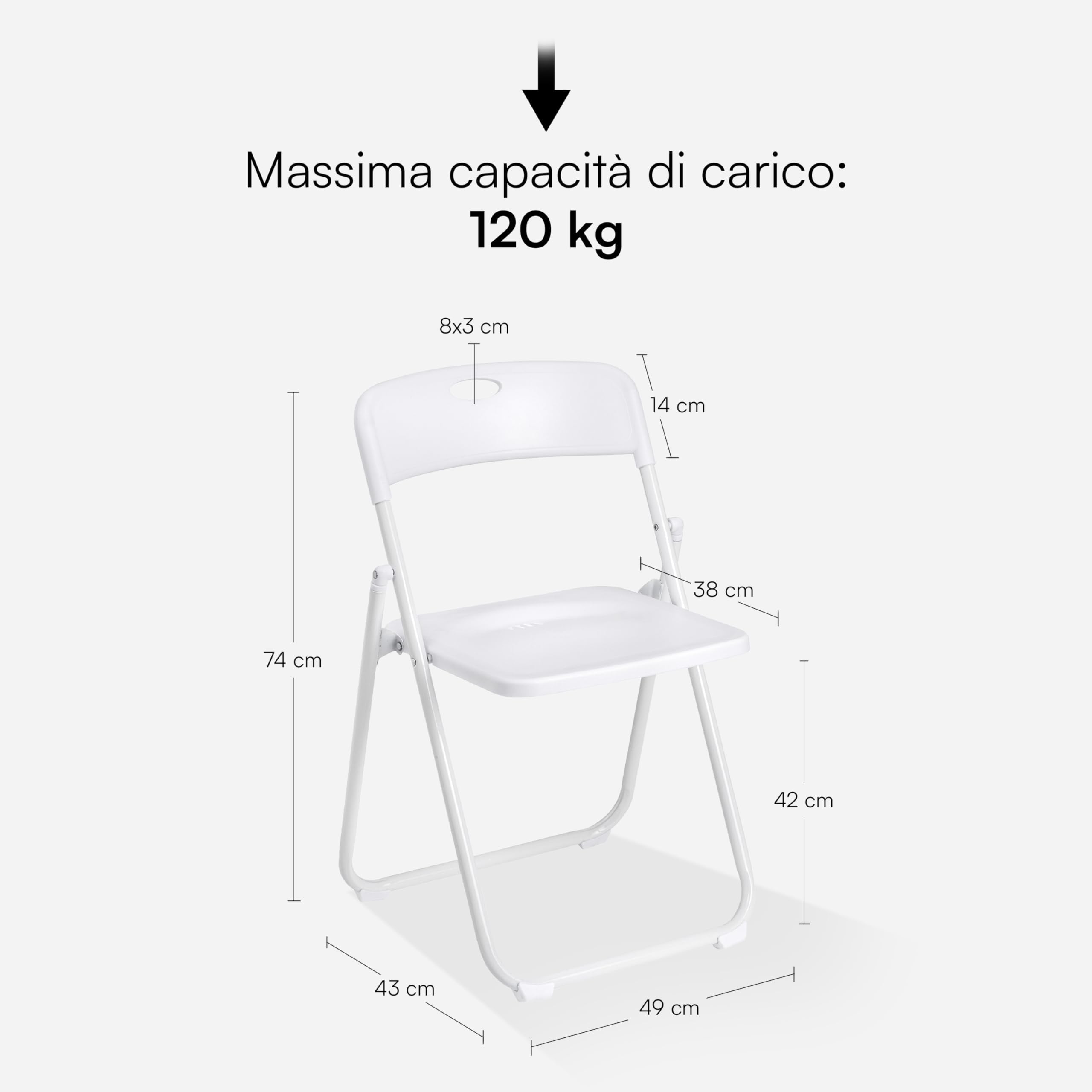 Baroni Home Sedia Pieghevole con Struttura in Acciaio e PVC, Seduta Salvaspazio Richiudibile con Piedini e Maniglia, da Viaggio, Cucina, Soggiorno, Camera da Letto, 74x43x49 cm 8 pezzi, Bianco