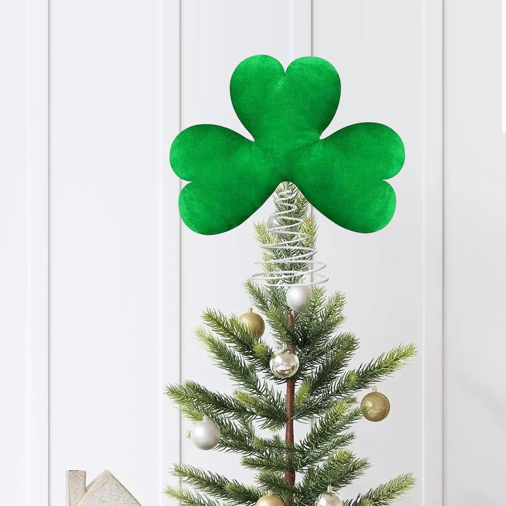 12 Inch St Patrick's Day Tree Topper,Green Plush Lucky Shamrock with Metal Base Decor,Treetop Irish Tree Decoration for St Patrick's Day Holiday Party (Green)