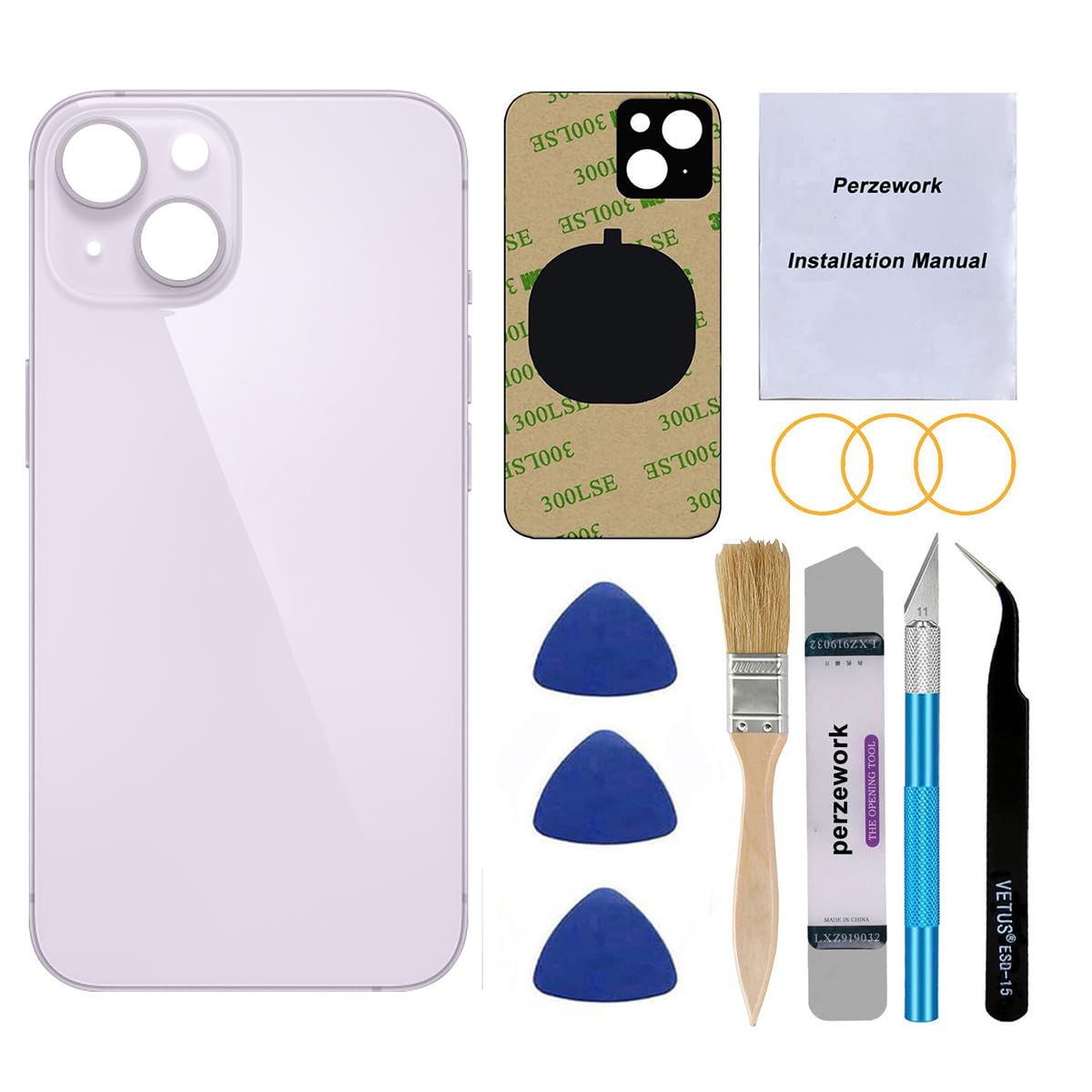 Rear Back Glass Replacement for iPhone 14 6.1 inches with Reparing Toolkit and Pre-Installed Adhesive (Purple)